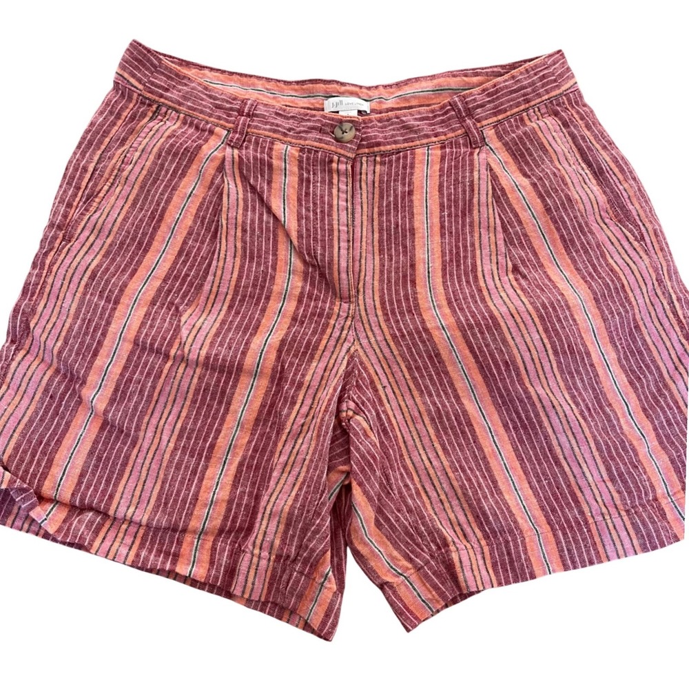 J. Jill Love Linen Shorts‎ Womens 8 Red Orange Striped Pleated High Rise Summer